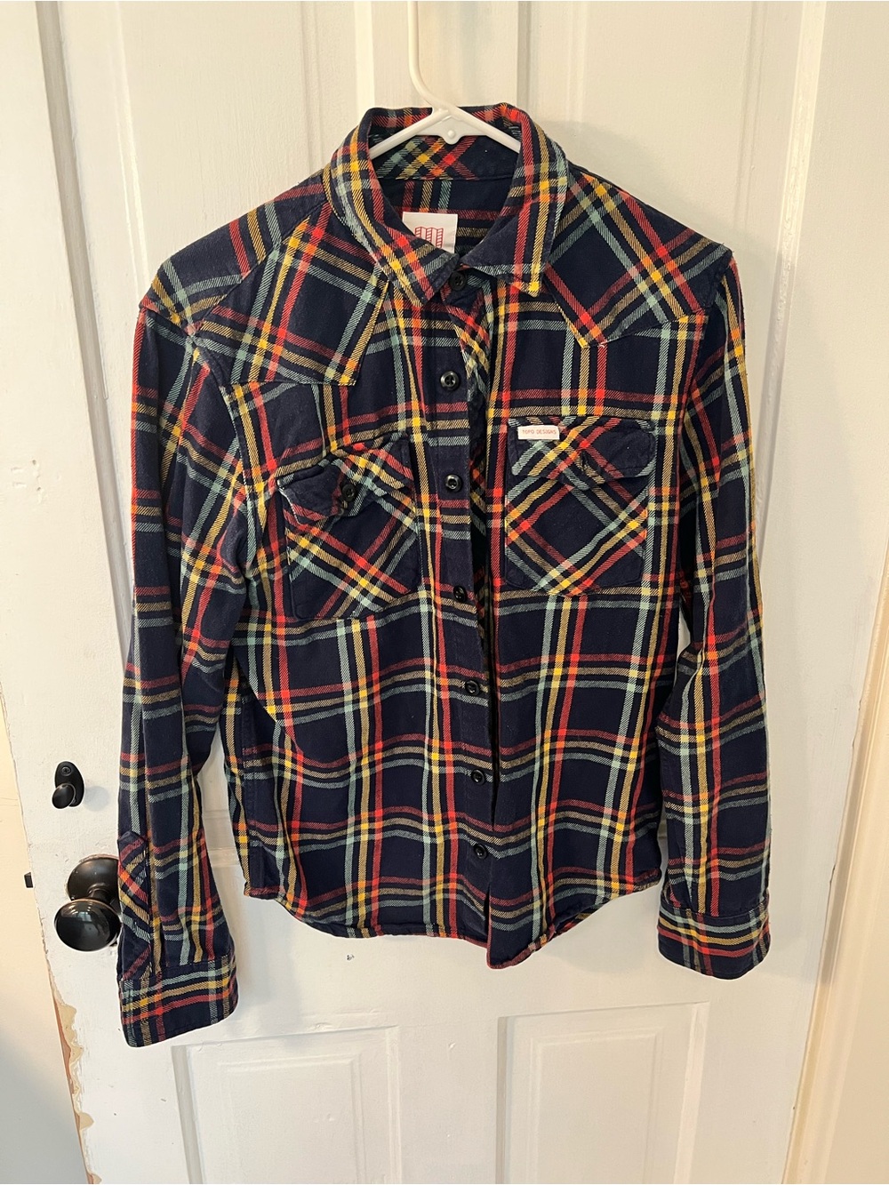 Topo Designs Navy Plaid Shirt with Red, Yellow & Green Accents